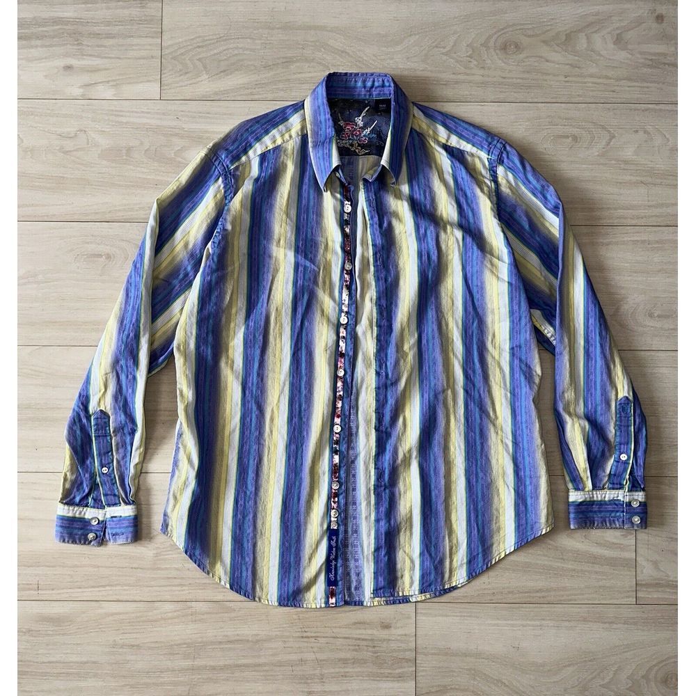 Robert Graham Mens Shirt Medium Striped Embroidered‎ Blue Long Sleeve Button Up - Picture 3 of 6